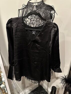 Rachel Zoe Black Satin V-Neck Puff Sleeve Blouse size small